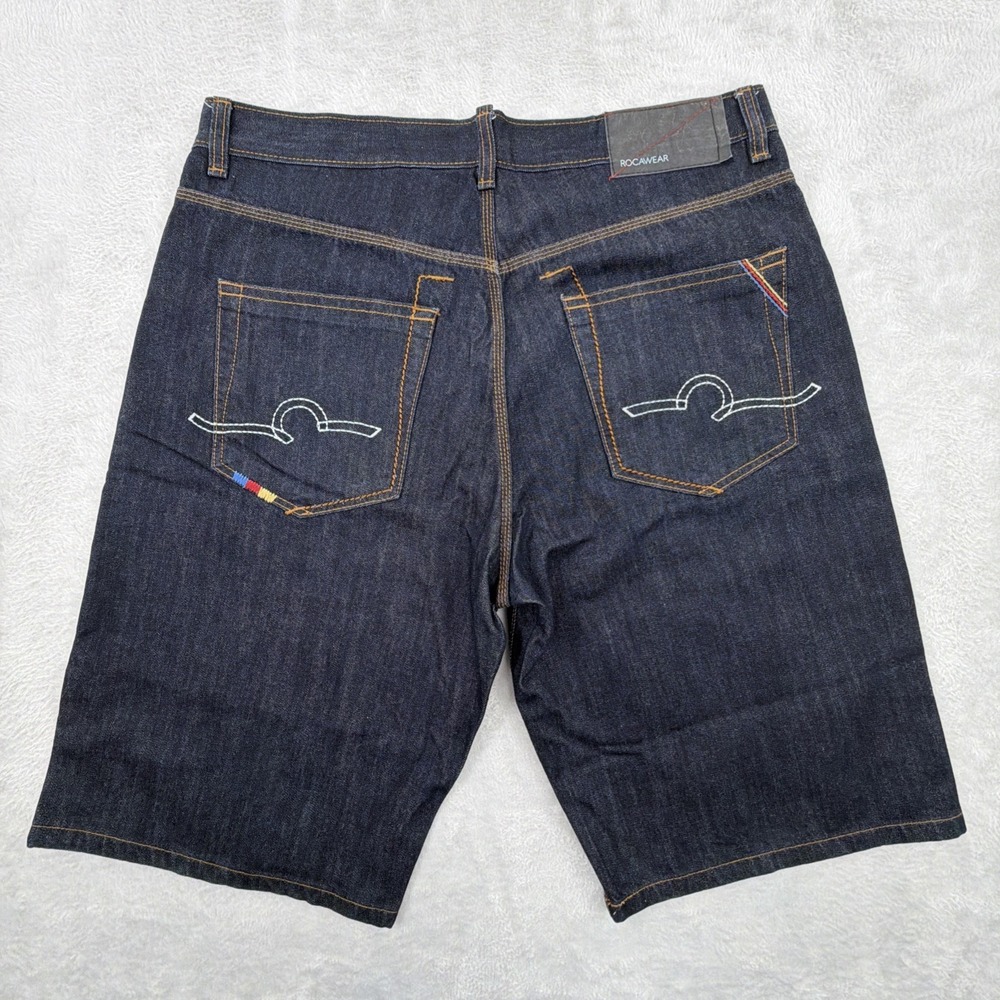 Vintage Y2K Rocawear Jorts Jean Shorts Mens Size 38 Embroidered Pocket Baggy